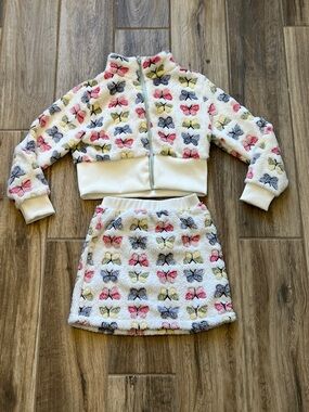 Girls' Cream Butterfly Sherpa Jacket and  Skirt set- Size 8